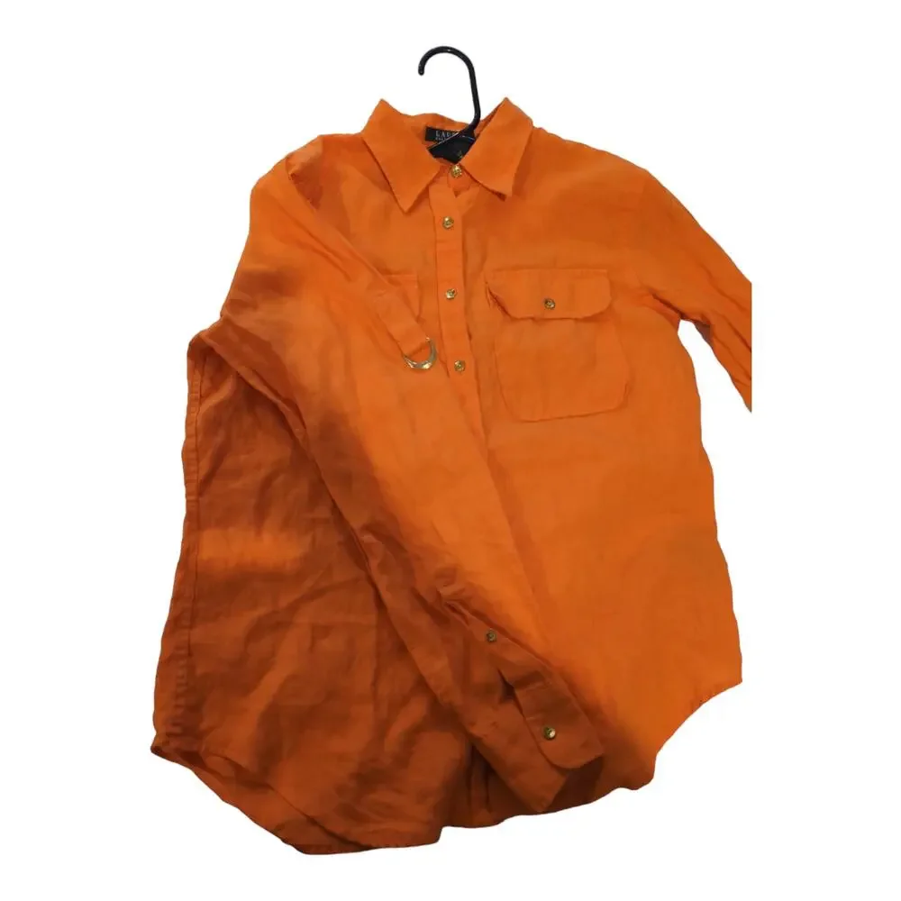 Lauren Ralph Lauren Shirt Womens Sz Small Orange 100% Linen Roll Tab Long Sleeve - Picture 5 of 6